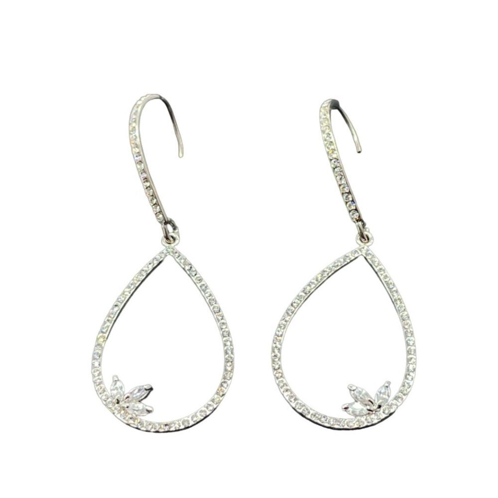 SH Pave Rhinestone Teardrop Dangle Earrings Silver Tone Hook Closure